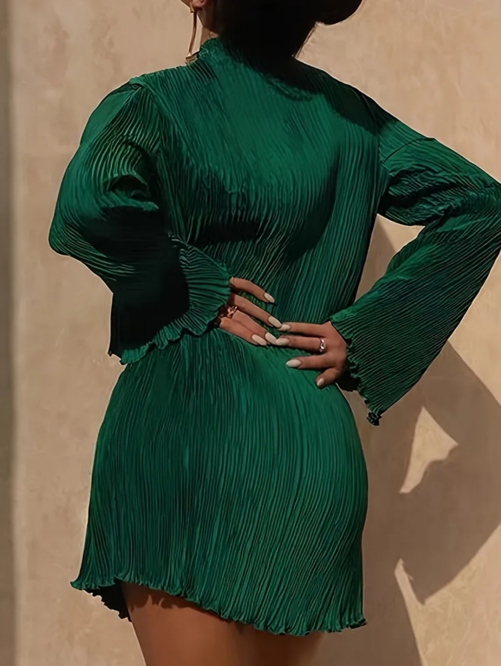 Emerald Pleated Long-Sleeve Mini Dress - Picture 3 of 6